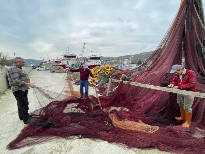 Ordulu balıkçılar yunusların parçaladığı ağları onarıyor
